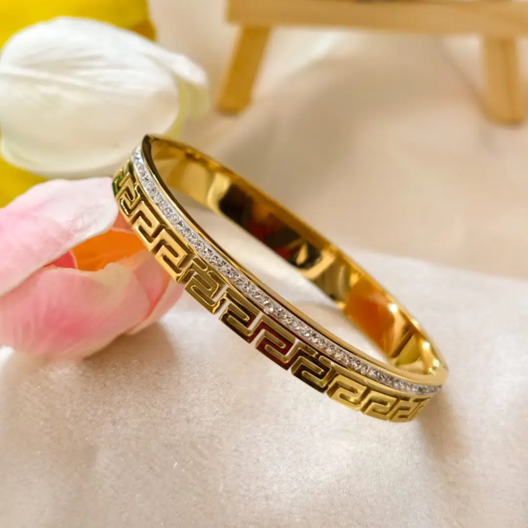 Greek Key Pattern Crystal Bangle