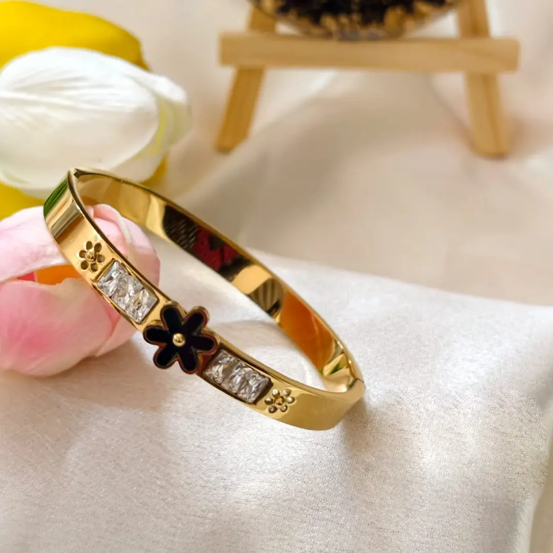 Black Floral Crystal Gold Bangle