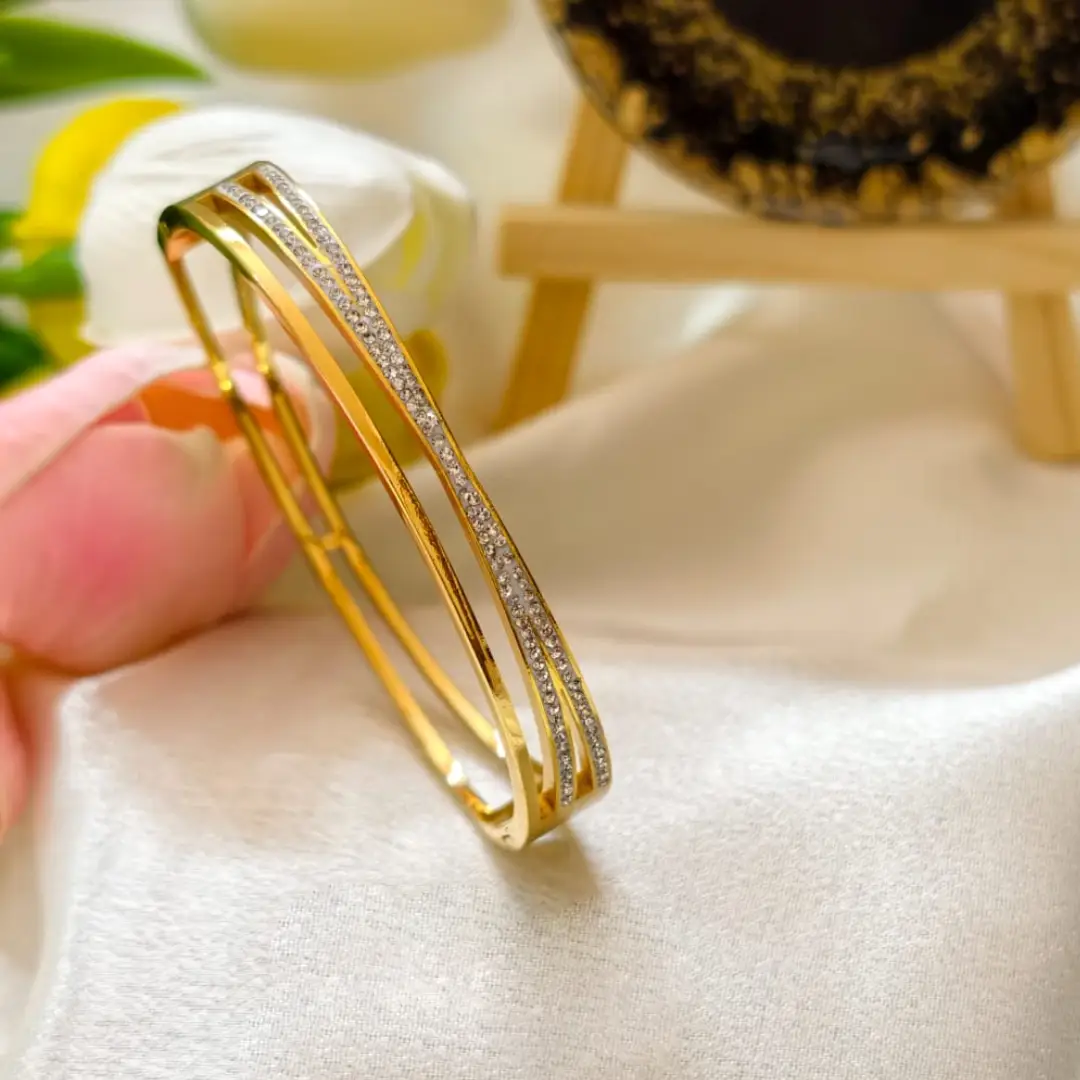 Triple Line Crystal Gold Bangle