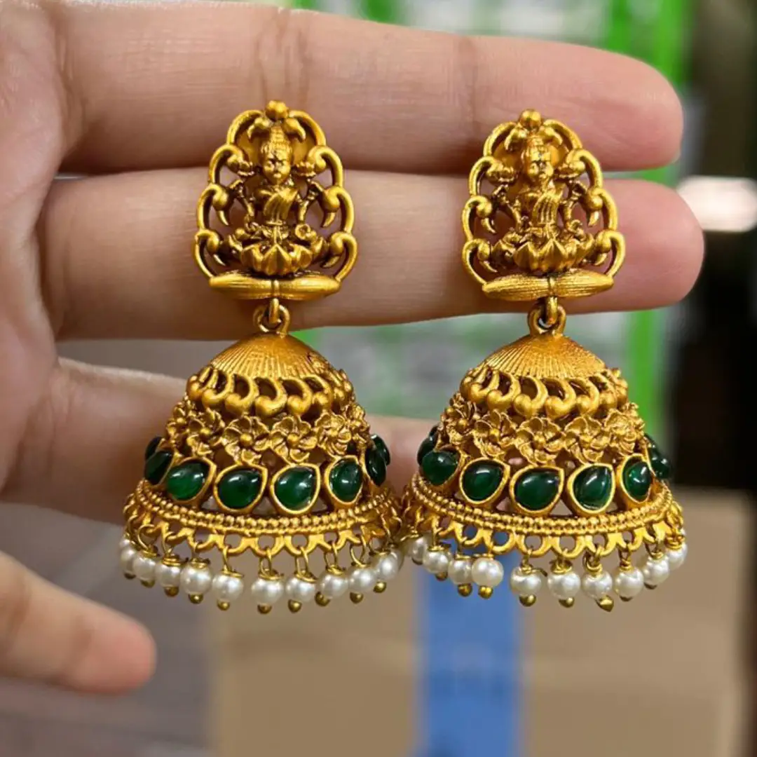Lakshmi Green Stone Pearl Jhumka
