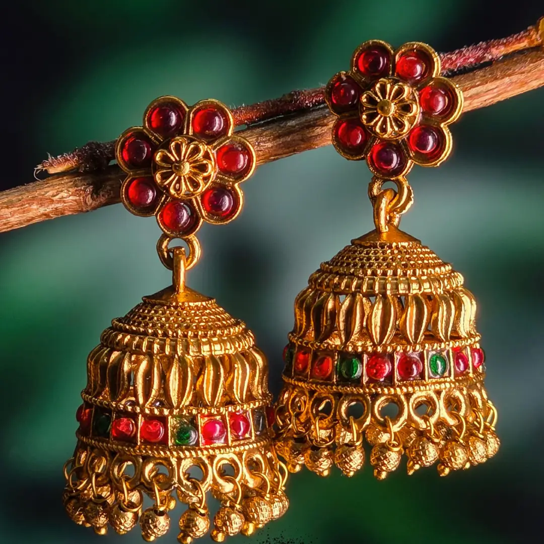 Red Floral Classic Gold Jhumka